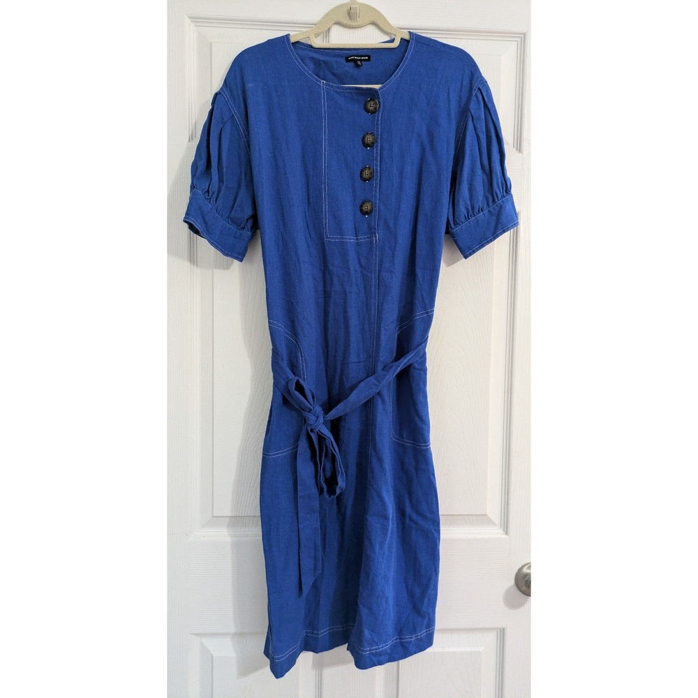 Who What Wear Blue Linen Short Sleeve Button Tie Front Slit Back Dress